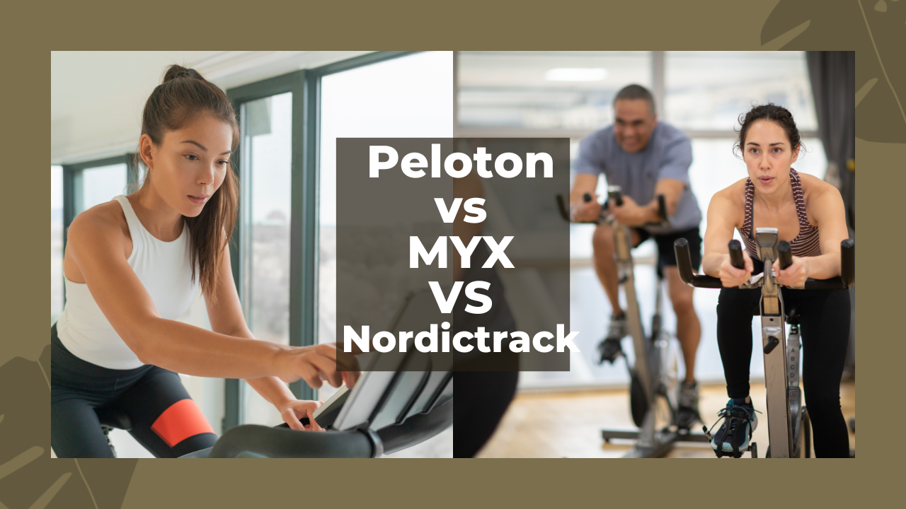 An image showcasing Peloton, Myx, and NordicTrack fitness equipment side by side.